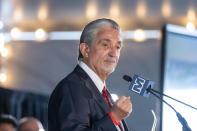 Ted Leonsis, owner of the Washington Wizards NBA basketball team and Washington Capitals HNL hockey team, speaks during an event with Virginia Gov. Glenn Youngkin to announce plans for a new sports stadium for the teams, Wednesday, Dec. 13, 2023, in Alexandria, Va. Virginia Gov. Glenn Youngkin has reached a tentative agreement with the parent company of the NBA's Washington Wizards and NHL's Washington Capitals to move those teams from the District of Columbia to what he called a new "visionary sports and entertainment venue" in northern Virginia. (AP Photo/Alex Brandon)