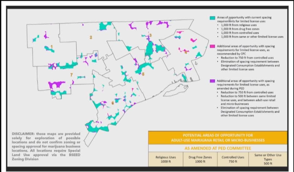 A screenshot of a map provided at a Detroit City Council meeting on Tuesday, July 25, 2023 that shows in purple and pink properties that could be available for certain marijuana businesses with the passing of an amendment. That amendment passed.