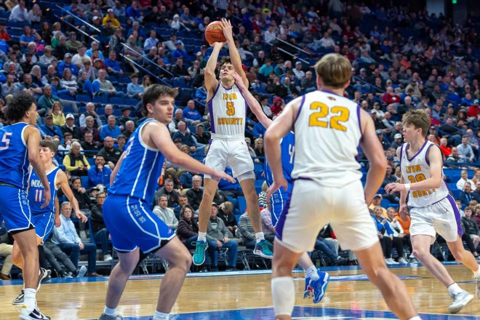 Lyon County’s Jack Reddick (5) contributed nine points and seven assists to Friday’s win.