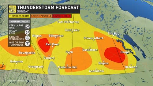 Prairies Sunday storm risk map Aug. 18