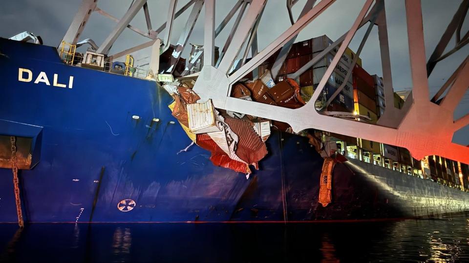 The Singapore-flagged MV Dali container ship collided with the Francis Scott Key Bridge around 1:35 a.m. on Tuesday, almost completely destroying the 1.6 mile bridge. (Photo: Baltimore City Fire Department Rescue Team 1)