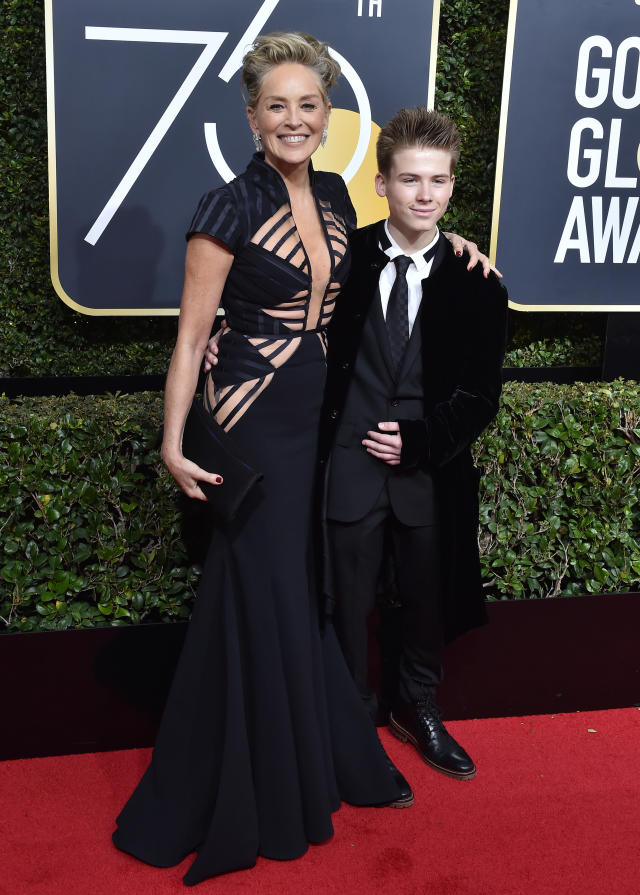 Sharon Stone with her eldest son Roan Joseph Bronstein (now 22) at the Globe Awards in 2018. (Getty Images)