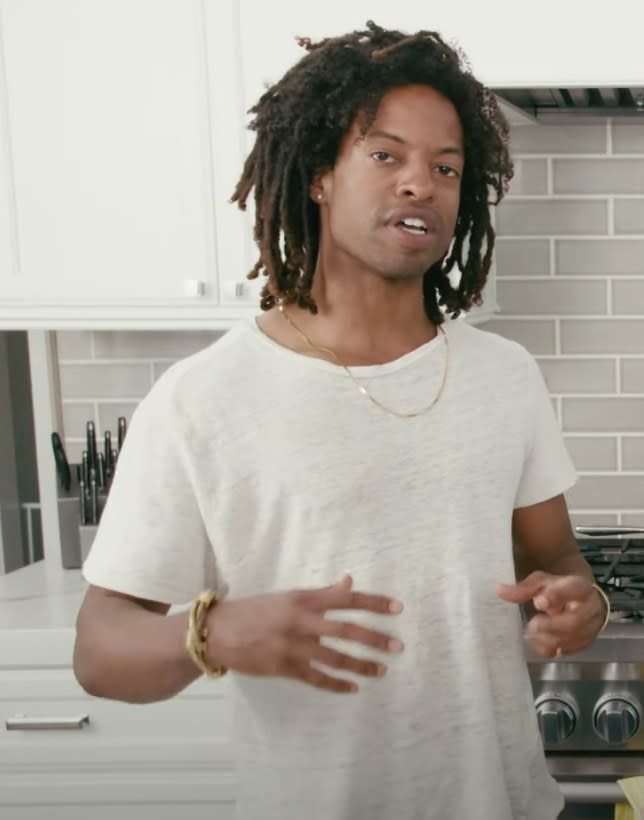 Ty Hodges discusses how to make Jamaican jerk chicken rasta pasta in a 2019 video for Christy Carlson Romano's YouTube channel