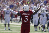 Kansas safety O.J. Burroughs (5) celebrates after an NCAA college football game against Duke Saturday, Sept. 24, 2022, in Lawrence, Kan. Kansas won 35-27. (AP Photo/Charlie Riedel)