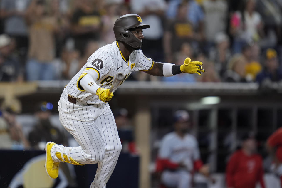 San Diego Padres' Jurickson Profar watches his walk-off, two-RBI ground rule double during the tenth inning of a baseball game Monday, June 24, 2024, in San Diego. The Padres won, 7-6. (AP Photo/Gregory Bull)