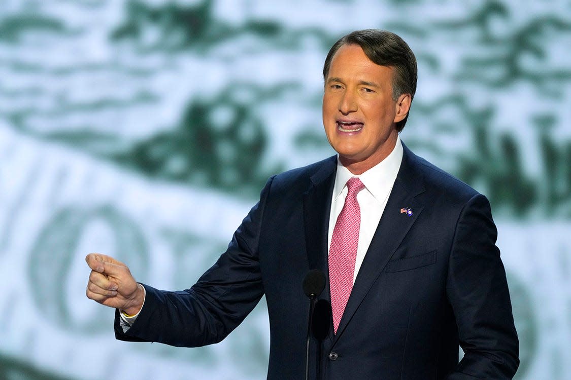 Gov Glenn Youngkin (VA) speaks during the first day of the Republican National Convention. The RNC kicked off the first day of the convention with the roll call vote of the states.