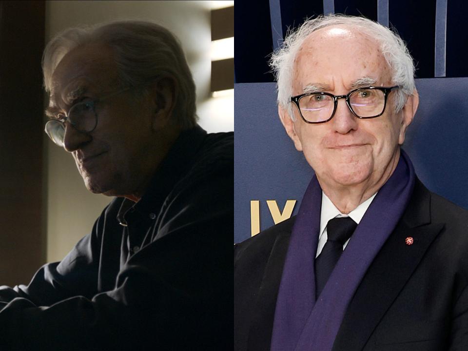 left: mike evans, a man with thinning white hair and glasses, sitting backlit on a table; right:jonathan pryce, wearing a black jacket and purple scarf, along with black glasses