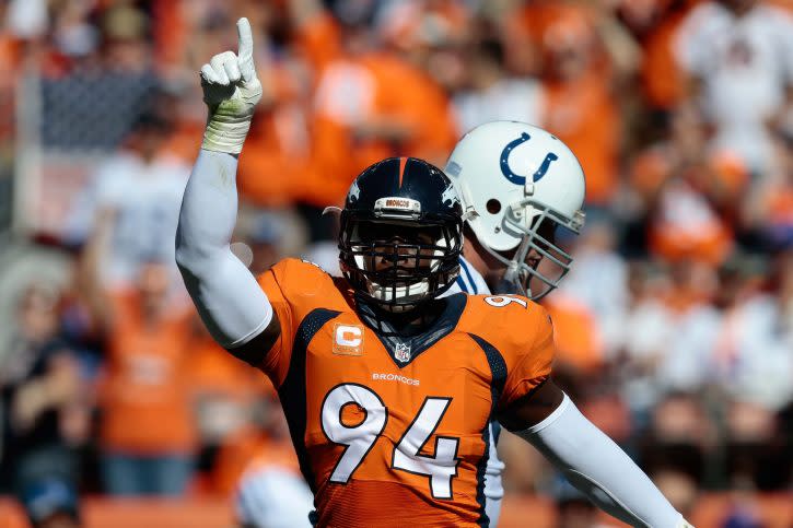 Sep 18, 2016; Denver, CO, USA; Denver Broncos outside linebacker DeMarcus Ware (94) celebrates after a play in the second quarter against the Indianapolis Colts at Sports Authority Field at Mile High. Mandatory Credit: Isaiah J. Downing-USA TODAY Sports