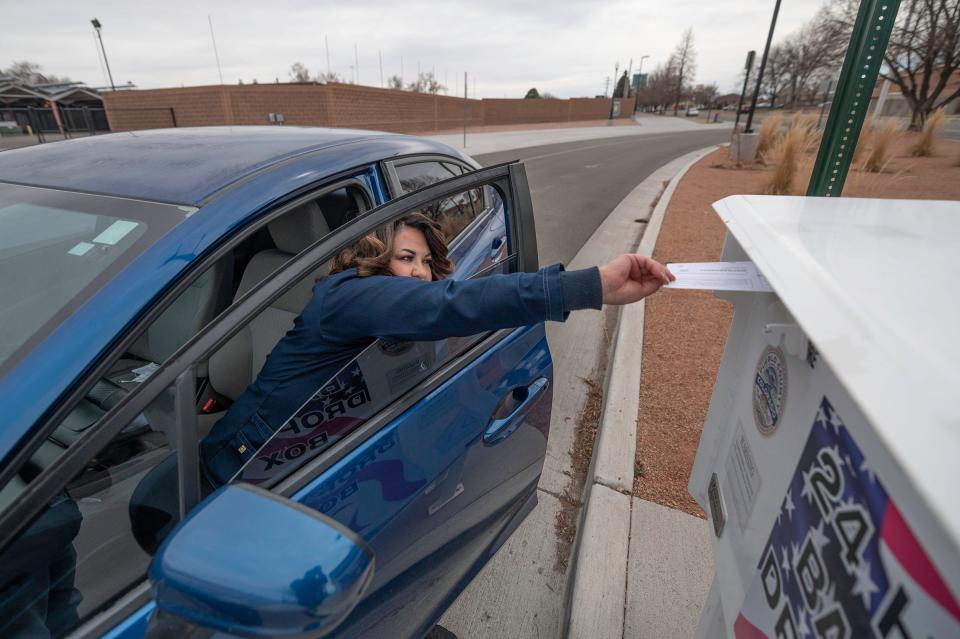 Tammy Estrada drops off her presidential primary ballot at the Colorado State Fairgrounds ballot box on Tuesday, March 5, 2024.