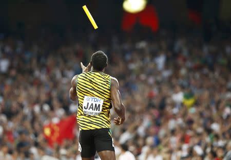 Usain Bolt of Jamaica reacts after winning the men's 4x100m relay during the 15th IAAF World Championships at the National Stadium in Beijing, China August 29, 2015. REUTERS/Lucy Nicholson