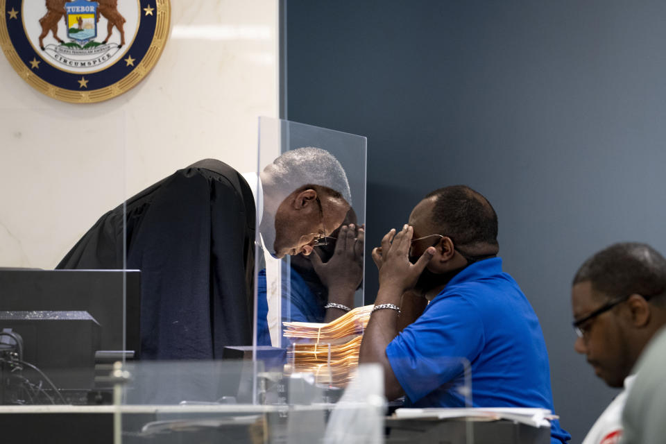 Judge Shawn K. Jacque holds housing court in the 36th District Court in Detroit on June 5, 2023. (Sarah Rice for NBC News)