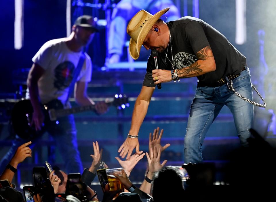 Jason Aldean performs during his Rock N’ Roll Cowboy Tour at Bridgestone Arena Friday, Oct. 14, 2022, in Nashville, Tenn. 