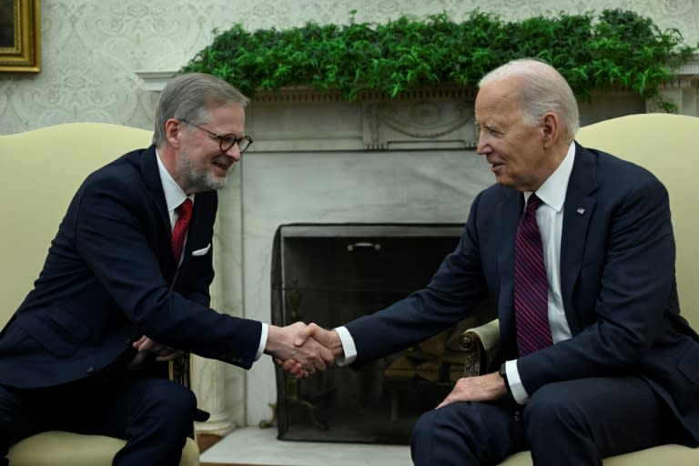 US President Joe Biden (R) meets with Czech Prime Minister Petr Fiala (L) in the Oval Office (ANDREW CABALLERO-REYNOLDS)