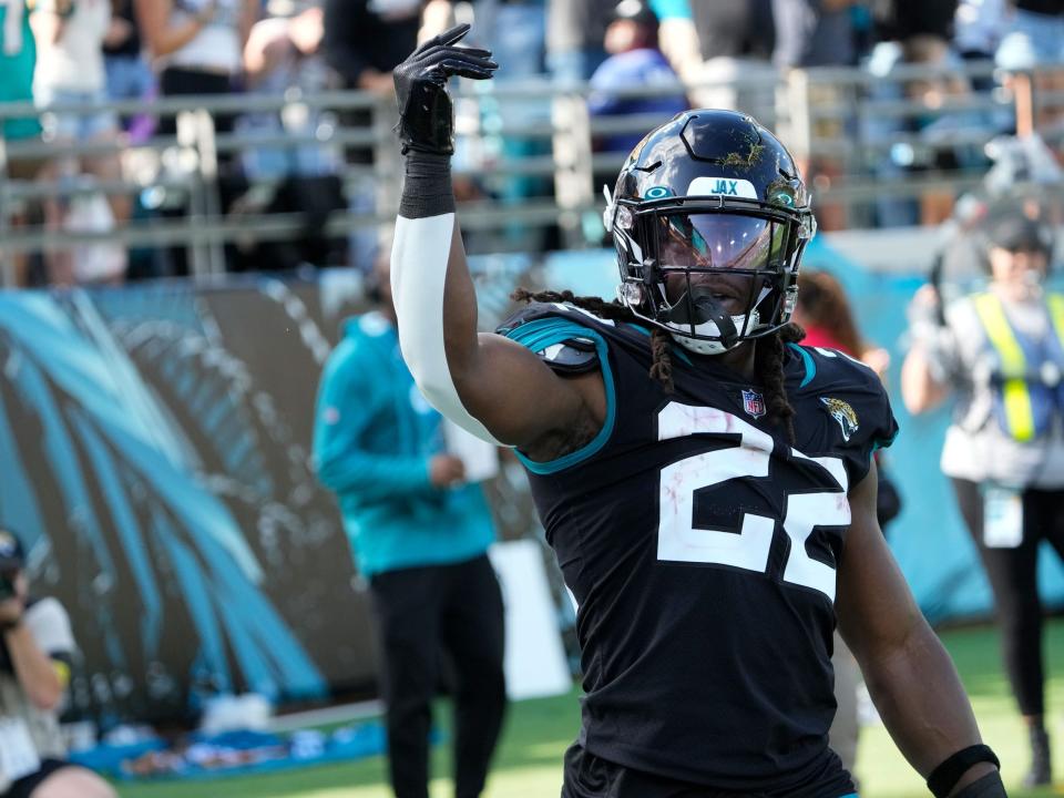 JaMycal Hasty celebrates after a touchdown against the Baltimore Ravens.