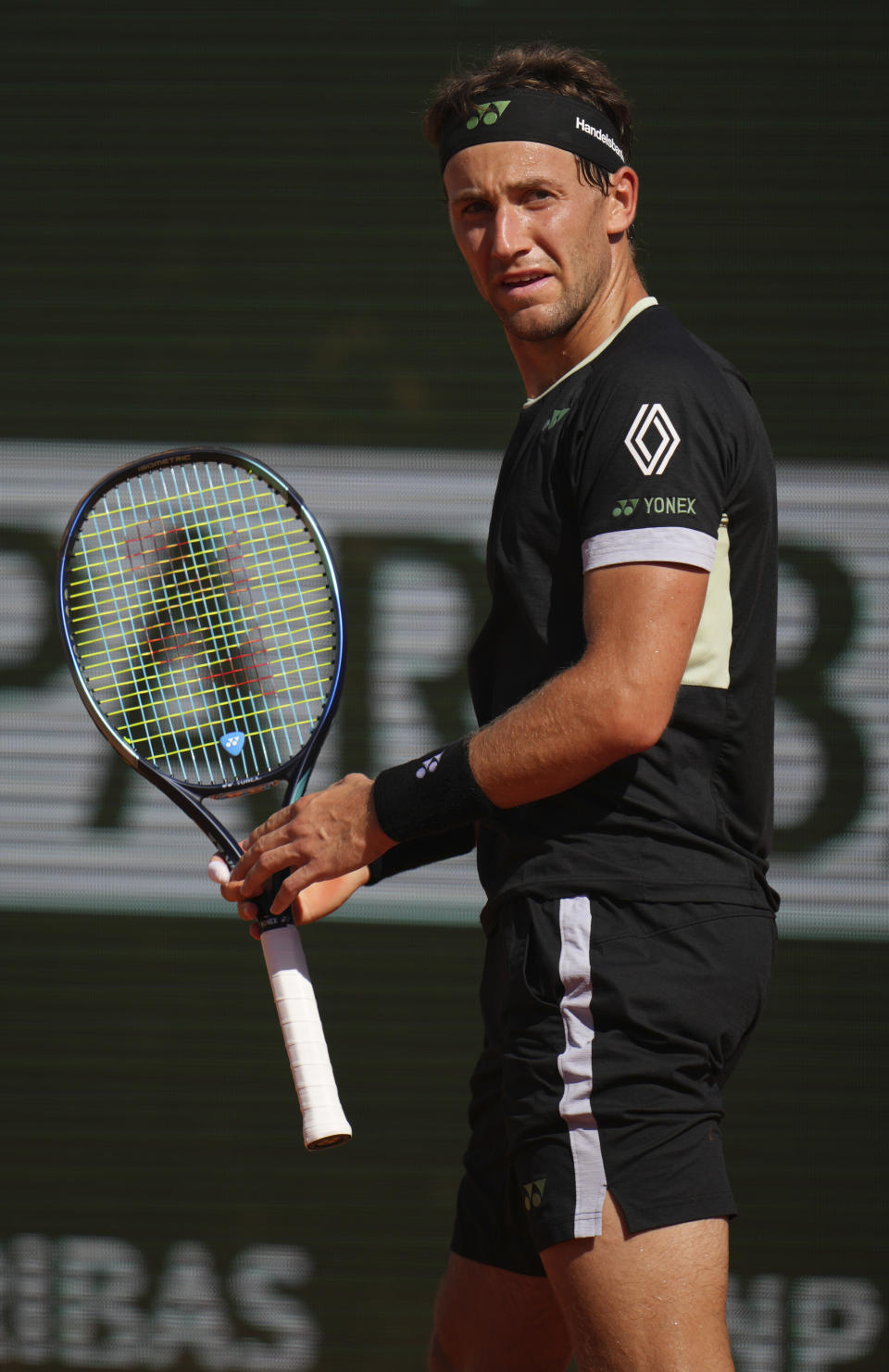 Casper Ruud of Norway reacts during his Monte Carlo Tennis Masters final match against Stefanos Tsitsipas of Greece in Monaco, Sunday, April 14, 2024. (AP Photo/Daniel Cole)