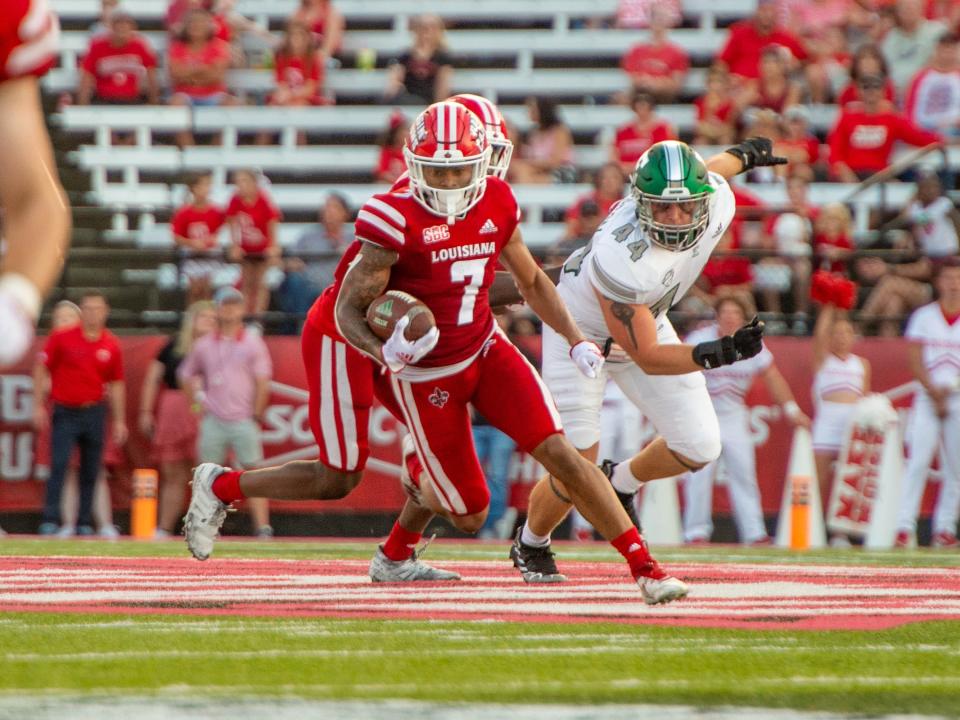 Louisiana's Eric Garror (7) runs with the ball against Eastern Michigan on Sept. 10, 2022.