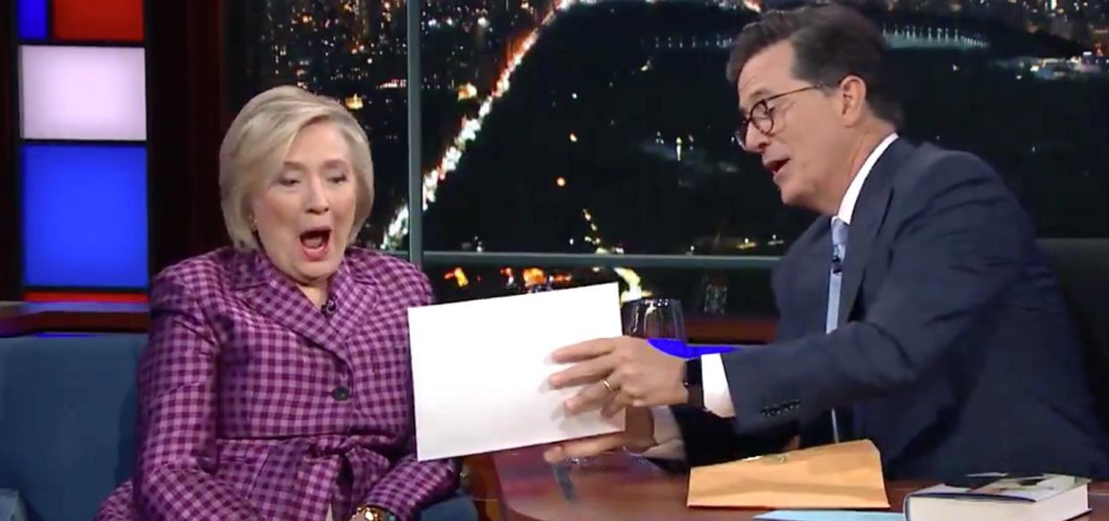 Hillary Clinton sees an unused gag from&nbsp;Stephen Colbert's election night coverage.&nbsp; (Photo: CBS)