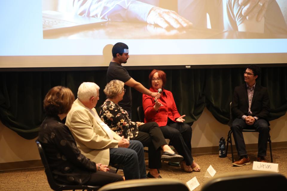 Students from the Osher Lifelong Learning Center compare their experiences and values to undergraduate students at the Palm Desert Campus of California State University, San Bernardino during the campus' first Intergenerational Forum in Palm Desert, Calif., on Friday, Oct. 8, 2021.