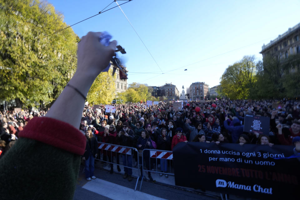 Women show banners and keys during a demonstration on the occasion of International Day for the Elimination of Violence against Women, in Milan, Italy, Saturday, Nov.25, 2023. Thousands of people are expected to take the streets in Rome and other major Italian cities as part of what organizers call a "revolution" under way in Italians' approach to violence against women, a few days after the horrifying killing of a college student allegedly by her resentful ex-boyfriend sparked an outcry over the country's "patriarchal" culture. (AP Photo/Luca Bruno)