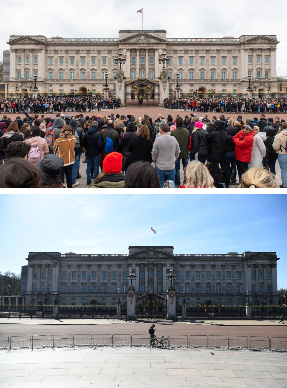 Buckingham Palace during the Changing of the Guard on 13 March, top, and on Tuesday, below, as people stay at home.