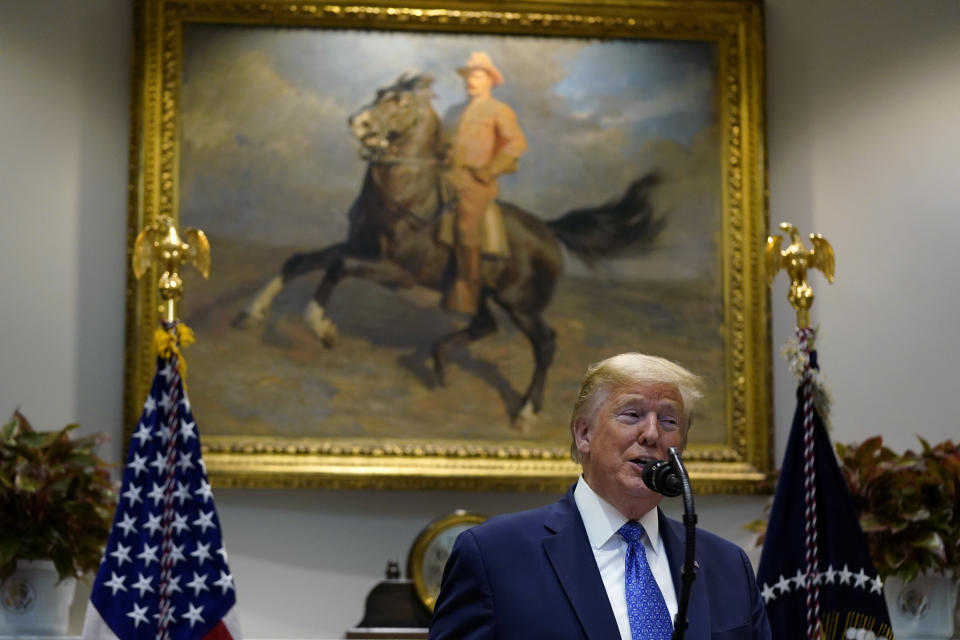 President Donald Trump speaks in front of a painting of former U.S. President Theodore Roosevelt during an event on the food supply chain amid the coronavirus pandemic, in the Roosevelt Room of the White House, Tuesday, May 19, 2020, in Washington. (AP Photo/Evan Vucci)