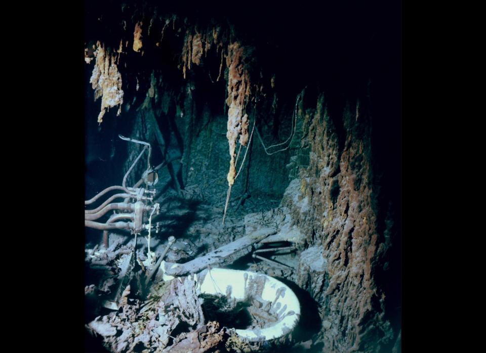 Pipes and the captain's bathtub are shown in this July 2003 photo, of what remains of the captain's cabin on the Titanic more than two miles underwater in the north Atlantic.