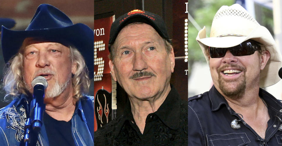 John Anderson performs at “Sing me Back Home: The Music of Merle Haggard” in Nashville, Tenn., on April 6, 2017, left, James Burton appears in Vienna, on Jan. 8, 2009, center, and Toby Keith performs on NBC’s “Today” show in New York on July 5, 2019. The three country musicians became the newest members to join the Country Music Hall of Fame. (AP Photo)