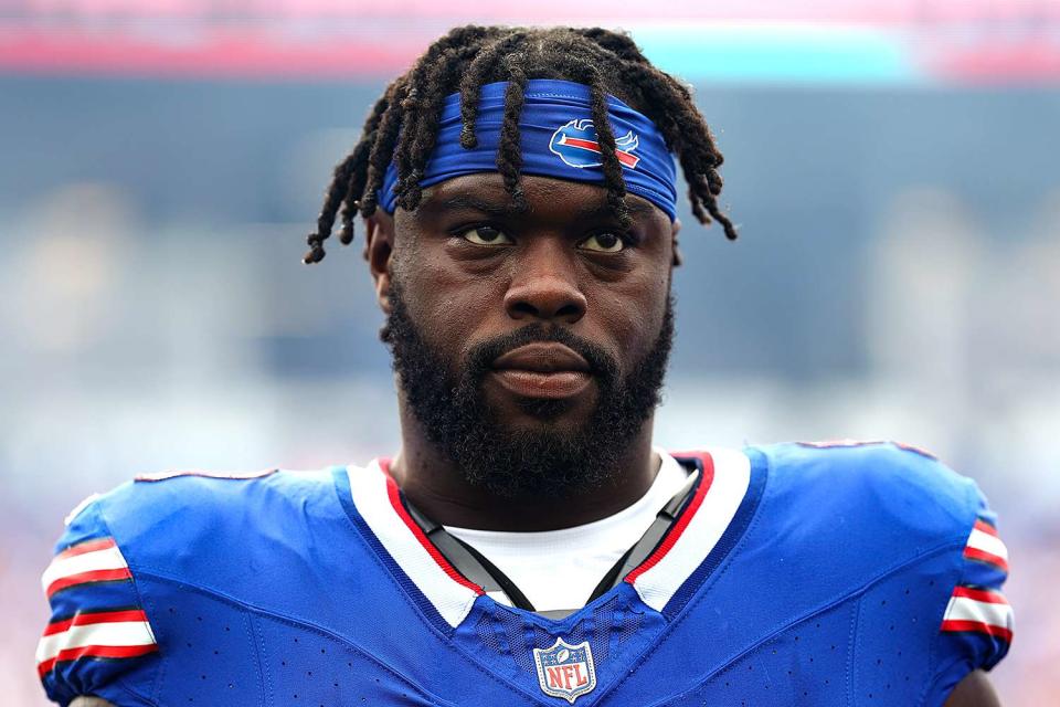 <p>Kevin Sabitus/Getty</p> Shaq Lawson of the Buffalo Bills appears during a September 2023 game