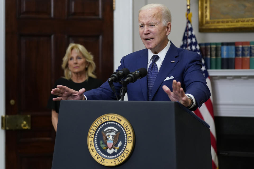 President Joe Biden speaks to the nation about the mass shooting at Robb Elementary School in Uvalde, Texas, from the White House, in Washington, Tuesday, May 24, 2022, as first lady Jill Biden listens. (AP Photo/Manuel Balce Ceneta)