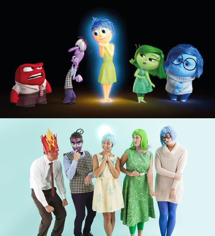 <p>Pixar’s 2015 hit film is a great group costume, and the color blocking makes it really easy to scrounge for most of the costume at the thrift store. Just make sure whoever in your friend group is the token Sadness or Disgust actually knows it before you suggest the idea. (Photo: <a href="https://www.pinterest.com/pin/34480753374427353/" rel="nofollow noopener" target="_blank" data-ylk="slk:Pinterest;elm:context_link;itc:0;sec:content-canvas" class="link ">Pinterest</a>)</p>