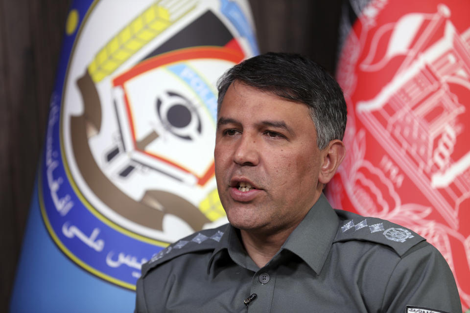 Afghan Interior Minister Masoud Andarabi speaks during an interview to the Associated Press at the Ministry of the Interior in Kabul, Afghanistan, Saturday, March. 13, 2021. (AP Photo/Rahmat Gul)