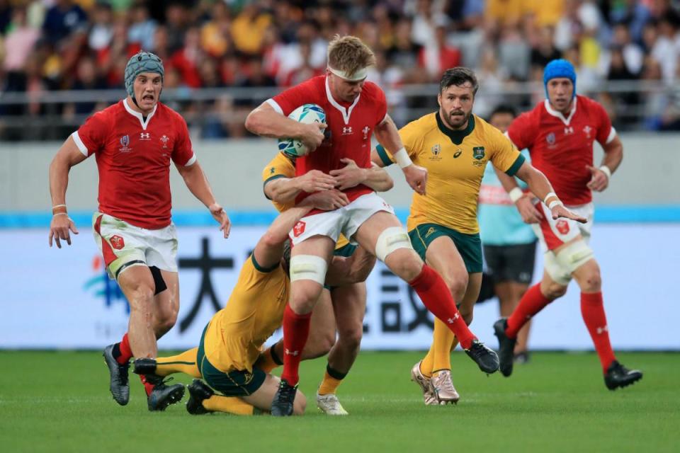 Aaron Wainwright on the charge for Wales against Australia at the 2019 World Cup <i>(Image: PA)</i>