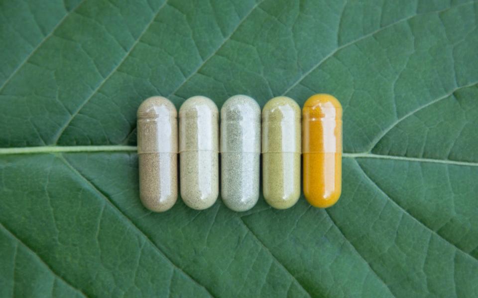 Around 75% of antibiotics, including penicillin and amphotericin B, are derived from natural products. <a href="https://www.gettyimages.com/detail/photo/directly-above-shot-of-pills-on-leaf-royalty-free-image/1004440852" rel="nofollow noopener" target="_blank" data-ylk="slk:Aphiwat Chuangchoem/EyeEm via Getty Images;elm:context_link;itc:0;sec:content-canvas" class="link ">Aphiwat Chuangchoem/EyeEm via Getty Images</a>