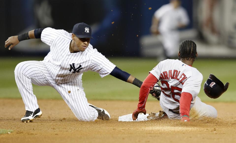 Boston Red Sox's Jackie Bradley Jr. (25) is safe sliding into second base on a third-inning stolen base as New York Yankees third baseman Yangervis Solarte applies the tag but loses the ball in a baseball game at Yankee Stadium in New York, Thursday, April 10, 2014. (AP Photo/Kathy Willens)