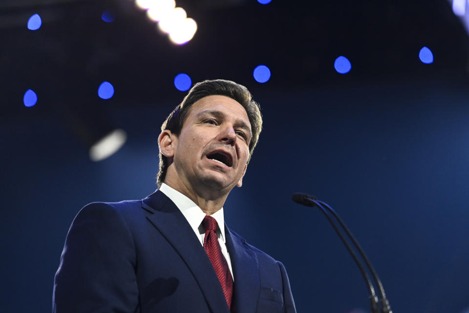 Florida Gov. Ron DeSantis speaks during convocation at Liberty University, in Lynchburg, Va., Friday, April 14, 2023. (Paige Dingler/The News & Advance via AP)