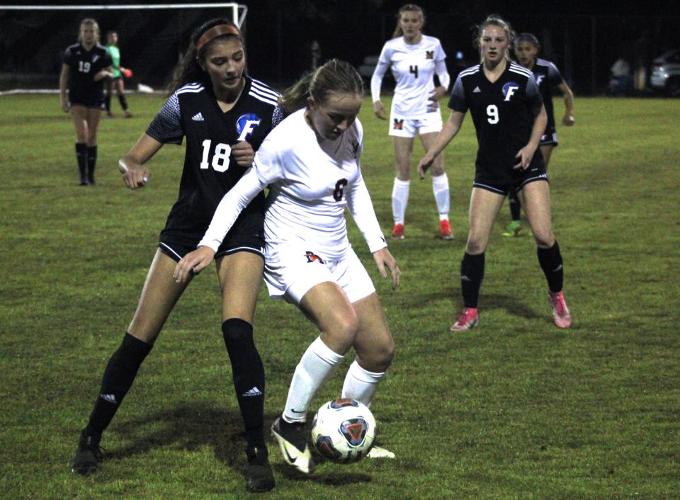 Fletcher midfielder Josey Rossignol (18) and Mandarin midfielder Emma Pavlicek (6) challenge for possession during the Gateway Conference high school championship on Jan. 14.