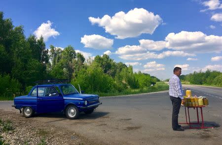 A man waits as he sells jars of honey at the side of a highway located on the outskirts of Samara in Russia, June 30, 2018. REUTERS/David Gray