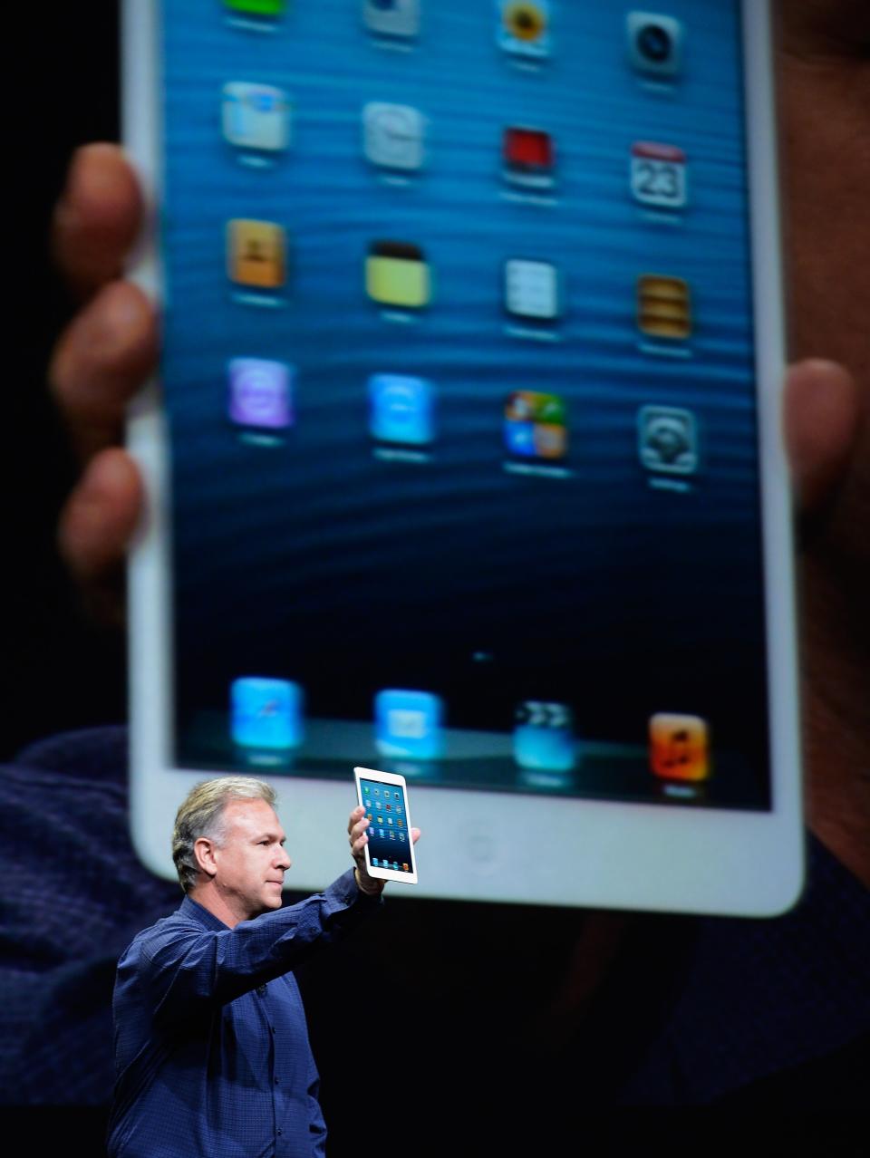 SAN JOSE, CA - OCTOBER 23: Apple Senior Vice President of Worldwide product marketing Phil Schiller announces the new iPad Mini during an Apple special event at the historic California Theater on October 23, 2012 in San Jose, California. The iPad Mini is Apple's smaller version of the iPad tablet. (Photo by Kevork Djansezian/Getty Images)