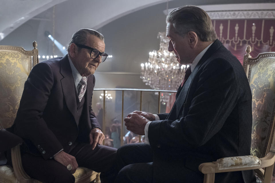 This image released by Netflix shows Joe Pesci, left, and Robert De Niro in a scene from "The Irishman." On Monday, Jan. 13 Pesci was nominated for an Oscar for best supporting actor for his role in the film. (Niko Tavernise/Netflix via AP)