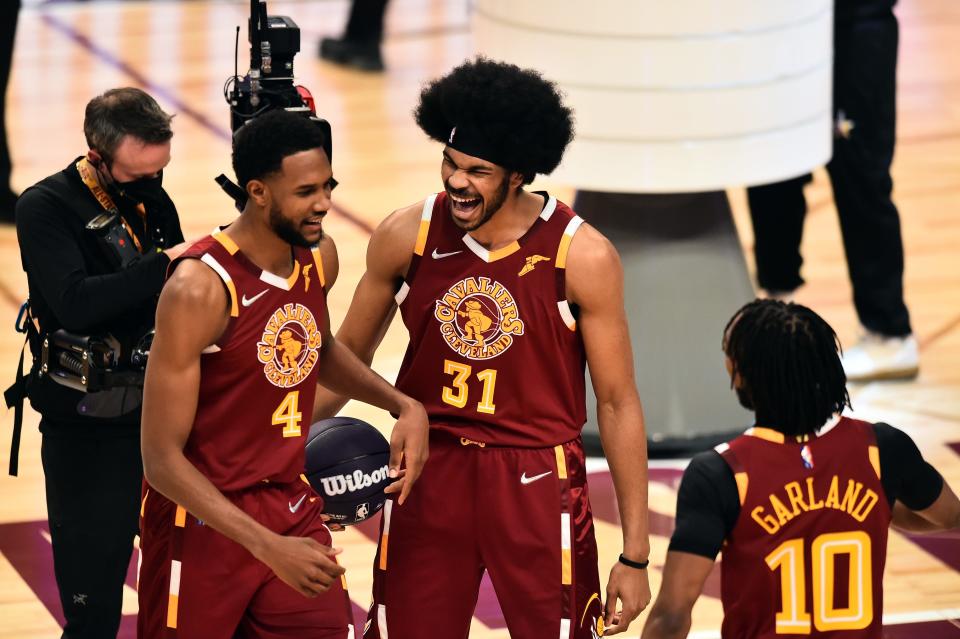 Feb 19, 2022; Cleveland, OH, USA; Team Cavs player Jarrett Allen (31) and player Evan Mobley (4) and player Darius Garland (10) in the Taco Bell Skills Challenge during the 2022 NBA All-Star Saturday Night at Rocket Mortgage Field House. Mandatory Credit: Ken Blaze-USA TODAY Sports