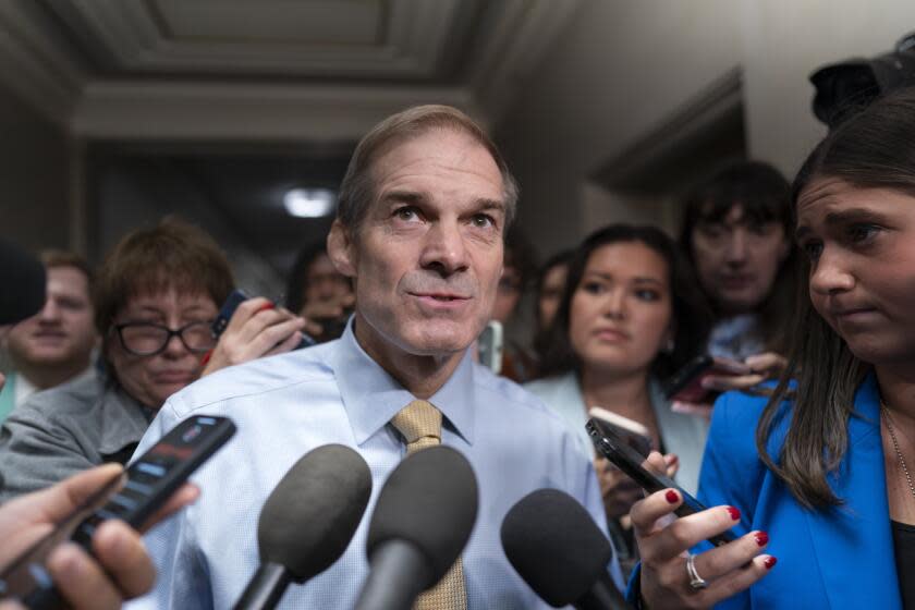 Rep. Jim Jordan, R-Ohio, chairman of the House Judiciary Committee and a staunch ally of former President Donald Trump, talks with reporters as House Republicans meet again behind closed doors to find a path to elect a new speaker after House Majority Leader Steve Scalise, R-La., dropped out of the race Thursday night, at the Capitol in Washington, Friday, Oct. 13, 2023. (AP Photo/J. Scott Applewhite)