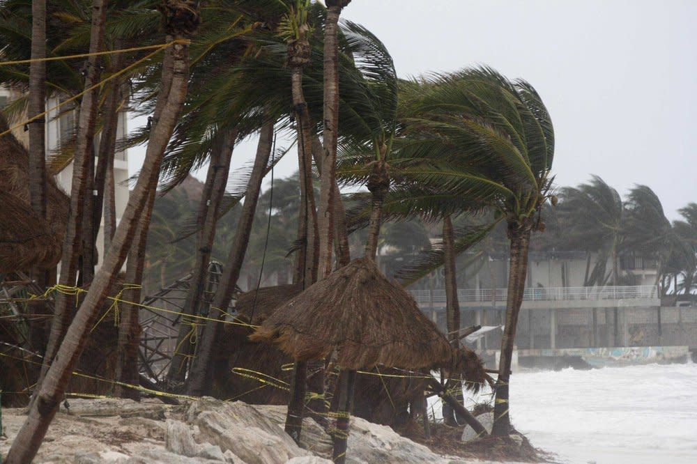 Palm trees are buffeted by the winds of Hurricane Zeta in Playa del Carmen, Mexico, early Tuesday, Oct. 27, 2020. Zeta is leaving Mexico’s Yucatan Peninsula on a path that could hit New Orleans Wednesday night. (AP Photo/Tomas Stargardter)