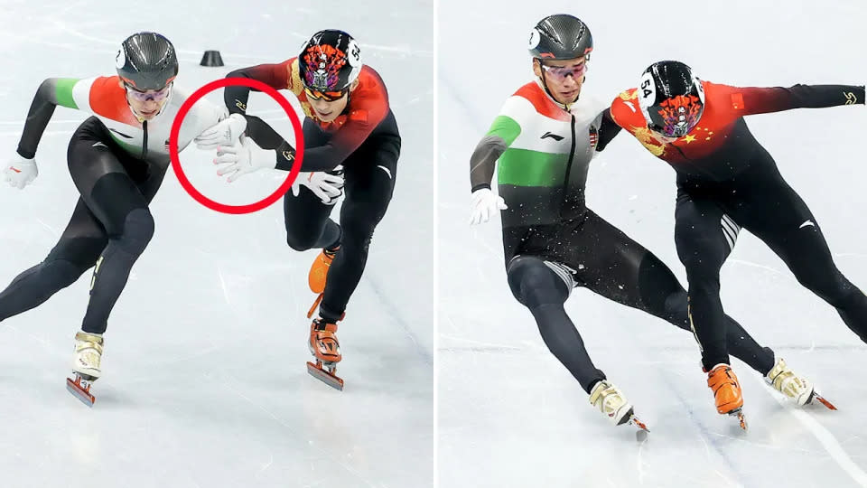 This photo shows Ren Ziwei tangling with Liu Shaolin Sandor in the 100m speed skating final.