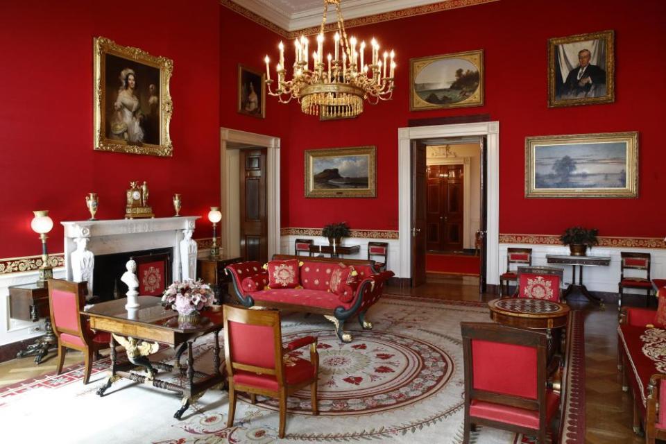 The fabric on the walls of the Red Room was refurbished during the Trump administration.