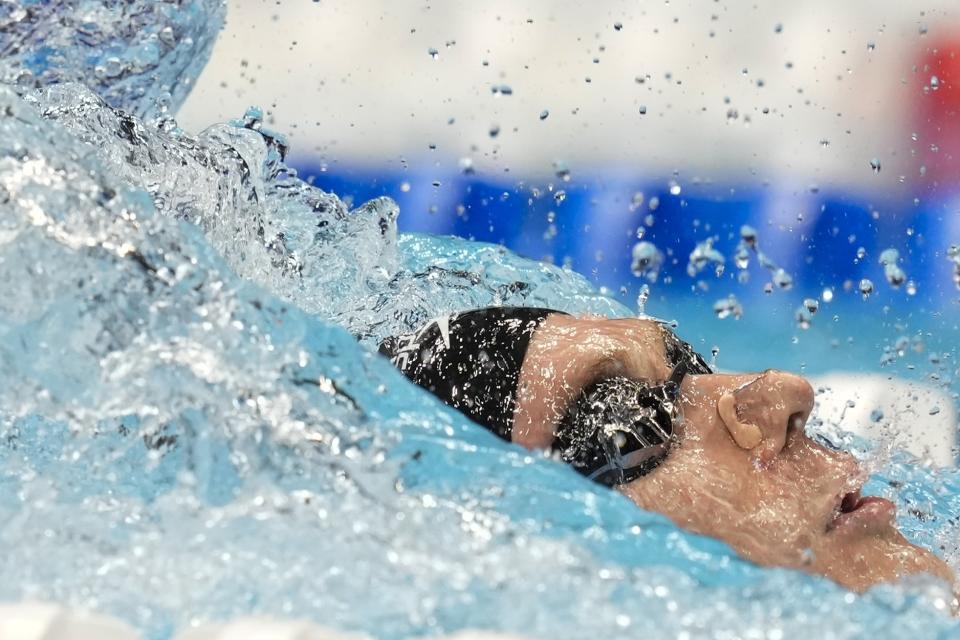 Ryan Murphy swims during the Men's 200 backstroke finals Thursday, June 20, 2024, at the US Swimming Olympic Trials in Indianapolis. (AP Photo/Darron Cummings)