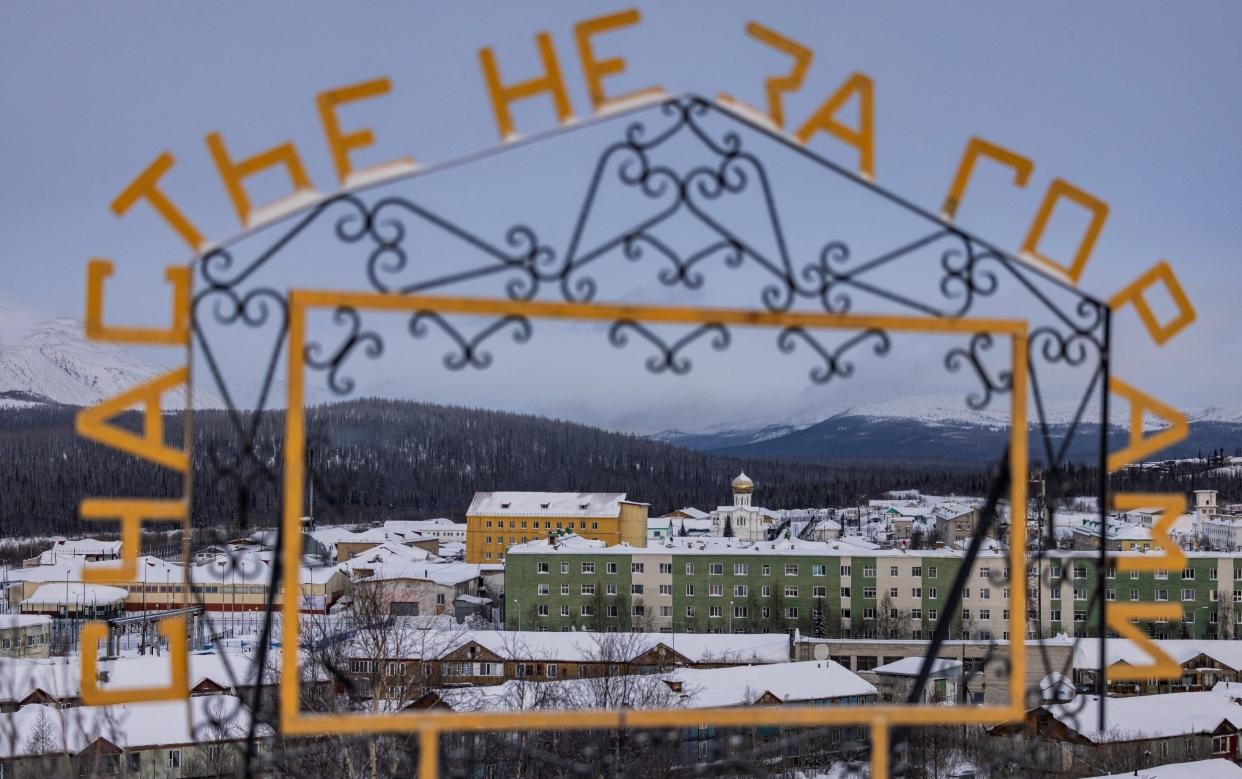 The IK-3 penal colony in Kharp in the Yamal-Nenets region of Russia on Tuesday, where Alexei Navalny was murdered. The words say 'Happiness is not far off'