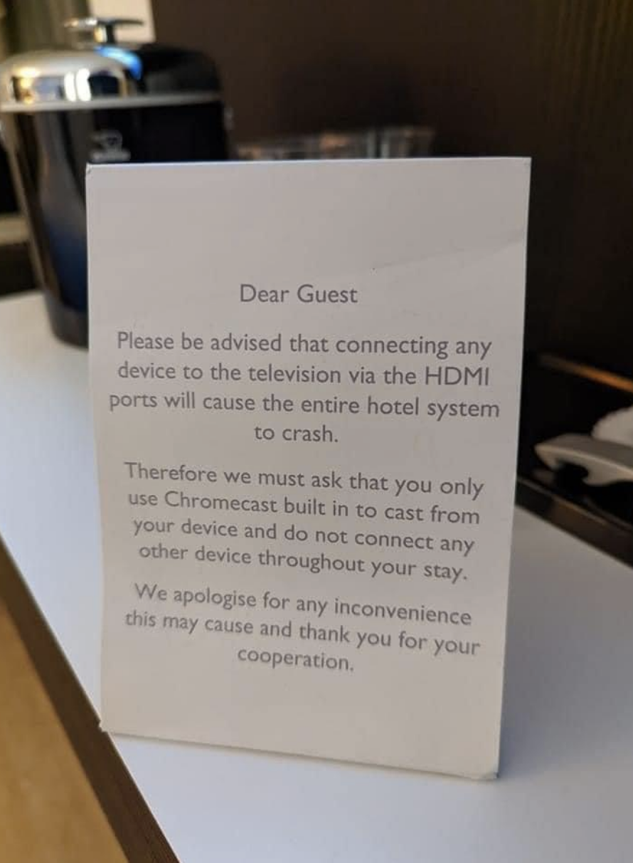 Hotel telling guests they can't use their HDMI ports or else it will crash the hotel's entire system