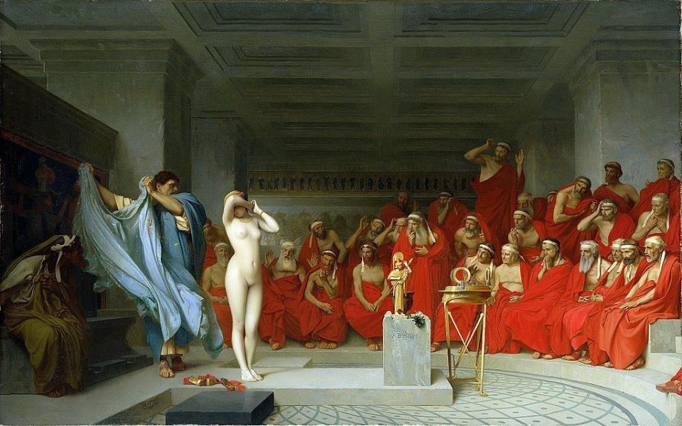 Jean-L&eacute;on G&eacute;r&ocirc;me, "Phryne before the Areopagus," 1861. (Photo: <a href="https://en.wikipedia.org/wiki/Jean-L%C3%A9on_G%C3%A9r%C3%B4me#/media/File:Jean-L%C3%A9on_G%C3%A9r%C3%B4me,_Phryne_revealed_before_the_Areopagus_(1861)_-_01.jpg" target="_blank">Wiki Commons</a>)