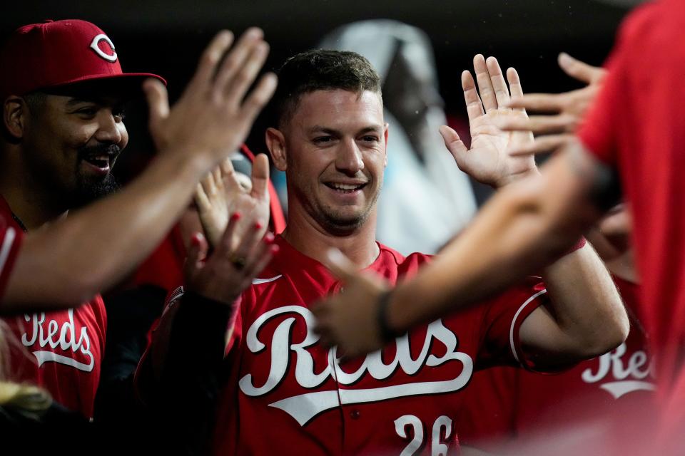 Cincinnati Reds center fielder T.J. Hopkins (26) celebrates after scoring in the ninth inning of the MLB National League game between the Cincinnati Reds and the LA Dodgers at Great American Ball Park in downtown Cincinnati on Tuesday, June 6, 2023. The Reds won 9-8 on a walk-off, bases loaded, single off the bat of shortstop Matt McLain (9) in the bottom of the ninth.