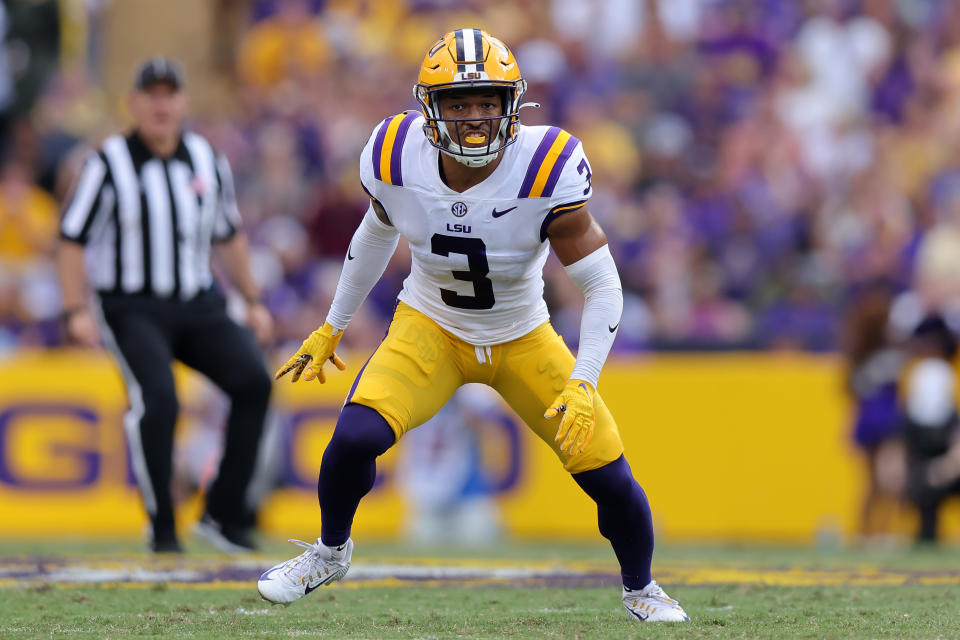 BATON ROUGE, LOUISIANA - SEPTEMBER 17: Greg Brooks Jr. #3 of the LSU Tigers in action during a game at Tiger Stadium on September 17, 2022 in Baton Rouge, Louisiana. (Photo by Jonathan Bachman/Getty Images)